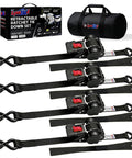 Beefy Heavy Duty Self Retracting Ratchet Straps 1In By 13Ft, 1800 Lb Break Strength Auto Slow Retraction Tie Downs For Truck, Trailer, Motorcycle, ATV, UTV Black, 4 Pack shown with packaging and storage bag.