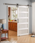 Sliding Barn Door With Frosted Glass White Finish, 30 Inch By 84 Inch, Five Lite Design, Waterproof PVC Surface installed in home