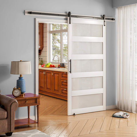 Sliding Barn Door With Frosted Glass White Finish, 30 Inch By 84 Inch, Five Lite Design, Waterproof PVC Surface installed in home