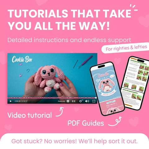 Beginner Crochet Kit Gift Set For Crafting Bunny Lola Amigurumi Plushie Easy DIY Crochet And Knitting Starter Includes Full Video Tutorial And PDF Guides with video tutorial and PDF guides displayed.