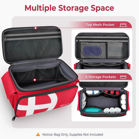 Mancro red travel first aid bag with six storage pockets and top mesh pocket, opened to show interior.