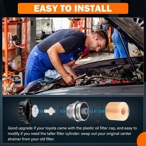 Mechanic installing Beefed Up Aluminum Oil Filter Housing Cap Assembly Kit 6061 T6 Billet Aluminum Construction Leakproof Seal