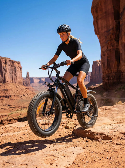 Adult rides M10 Pro Electric Mountain Bike For Adults With 1000W Peak Motor, 22 MPH Top Speed, 20X4 Fat Tire Ebike in desert terrain