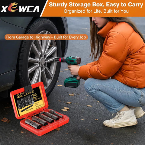 Person using Beefy Thin Wall Lug Nut Impact Socket Set Eight Sizes 17mm 19mm 21mm 22mm And Three Quarter Inch Seven Eighths Inch