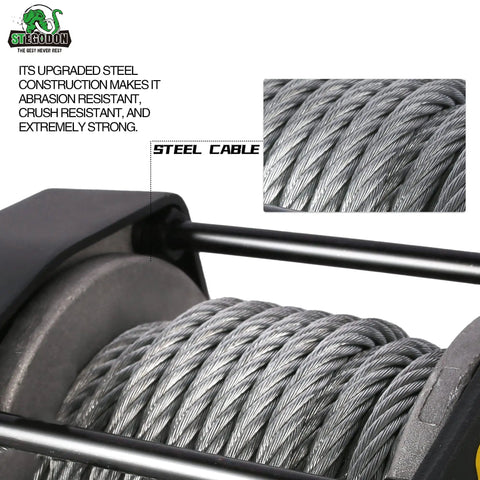 Close-up of the steel cable on the Beefed Up 3000 Lb 12V Electric Winch With Steel Cable, Wireless Remote And Wired Handle.