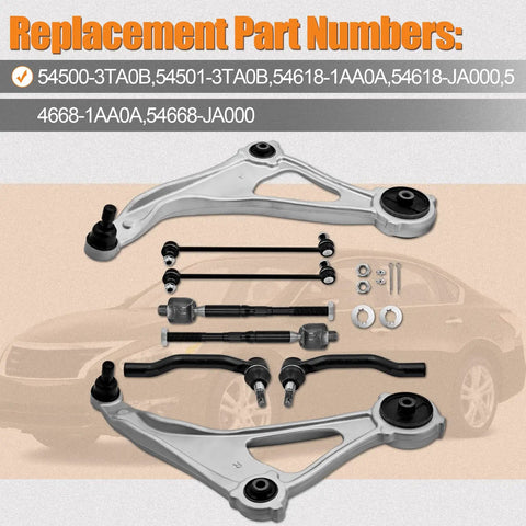Front Suspension Kit For Nissan Altima 2013 2014 10 Piece Replacement Front End Parts Set Designed To Restore Ride Comfort Handling And Stability With Quality Components For A Smooth Confident Drive., 10-piece suspension parts set with control arms, tie rods, sway bars, boots, and hardware