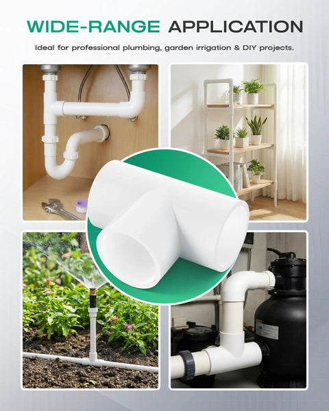 12 Pack 1 Inch PVC Tee Pipe Fittings 3 Way Socket To Socket Schedule 40 PVC Connectors shown in various plumbing applications