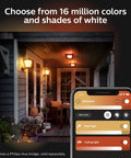 Econic Up Outdoor Smart Wall Light Black With E26 Base White And Color Ambiance LED Bulb illuminating a porch
