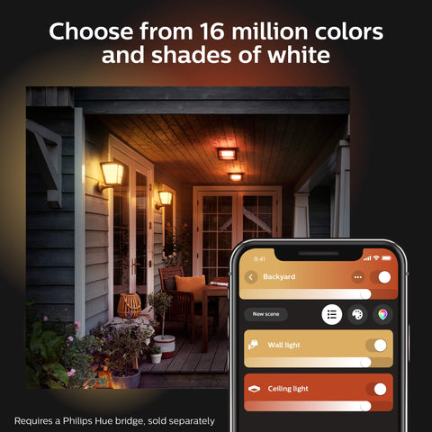 Econic Up Outdoor Smart Wall Light Black With E26 Base White And Color Ambiance LED Bulb illuminating a porch