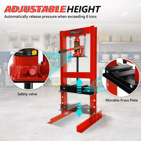 6 Ton H Frame Hydraulic Shop Press For Garage Floor With Adjustable Height And Stamping Plates