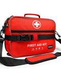 First aid kit bag, front view, red with cross emblem and adjustable shoulder strap
