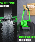 Green waterproof IP67 insulation with excellent stretch resistance testing at 110N weight support.