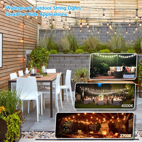 Triple Color Dimmable LED Outdoor String Lights For Patio With Remotes 48 Ft Waterproof Hanging Lights In Various Settings