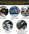 Diagram showing reasons to replace Fiat 500 window regulator with five symptoms and illustrations.