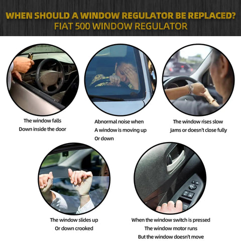Diagram showing reasons to replace Fiat 500 window regulator with five symptoms and illustrations.
