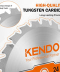 Close-up of Kendo 24T tungsten carbide circular saw blade showing tooth design and brand logo with focus on precision and durability.