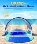 Beach Tent With Double Zippered Doors And Breathable Mesh for two to three people on sandy beach, UPF50+, big airflow, blue tent.
