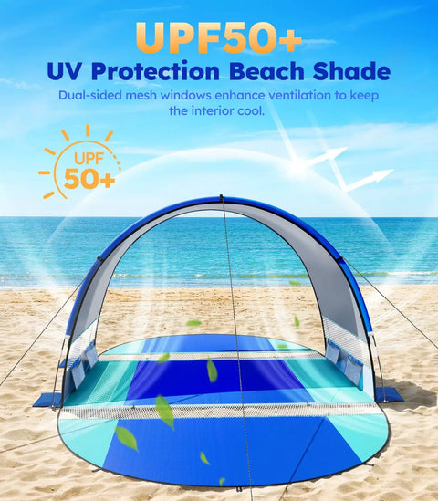 Beach Tent With Double Zippered Doors And Breathable Mesh for two to three people on sandy beach, UPF50+, big airflow, blue tent.