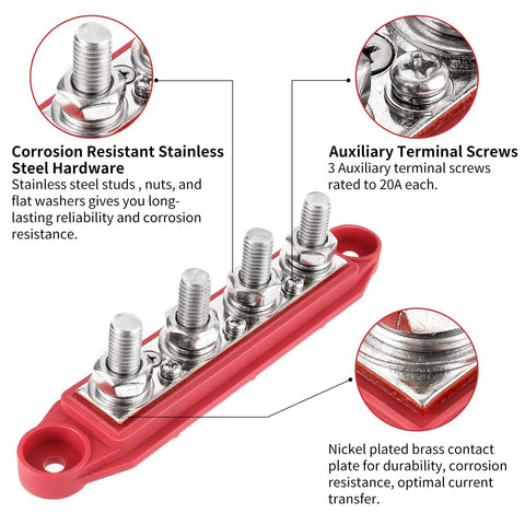 Heavy Duty Four Stud Power Distribution Block 250 Amp Bus Bar Junction With Weather Shield For Car Truck Rv Marine Boat showing stainless steel hardware.