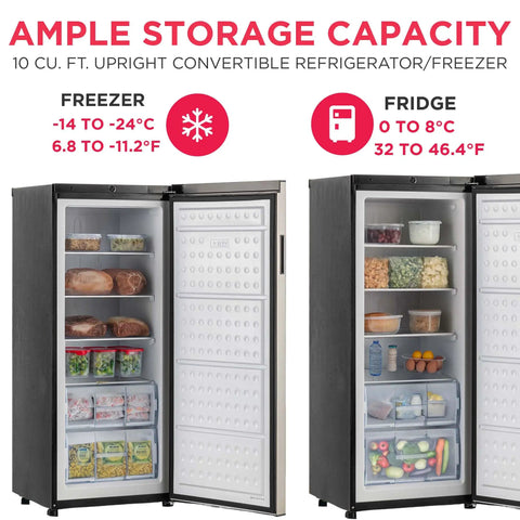 10 Cu Ft Upright Convertible Fridge Freezer With Reversible Door Removable Glass Shelves Adjustable Controls Platinum Finish
