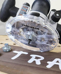 Heavy Duty Complete Sign Router Template Set For Custom Letters And Numbers In 1.5 Inch And 2.5 Inch Sizes With Full Alphabet And Characters Super Duper Easy Alignment For Your Weekend Shop Projects And Killer Diy Creations Right Now, router tool on wood with custom letters.