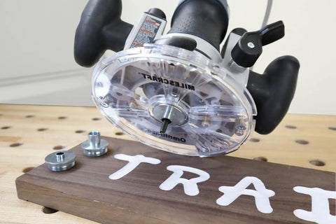 Heavy Duty Complete Sign Router Template Set For Custom Letters And Numbers In 1.5 Inch And 2.5 Inch Sizes With Full Alphabet And Characters Super Duper Easy Alignment For Your Weekend Shop Projects And Killer Diy Creations Right Now, router tool on wood with custom letters.