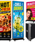 Sleek Eighty Inch Led Poster With P1.86 Razor Sharp Resolution And Rugged Flight Case For Event Rentals Weddings And Commercial Displays Where Plug And Play Setup Goes Hard On Any Venue Floor showing three vibrant displays and a rugged case.