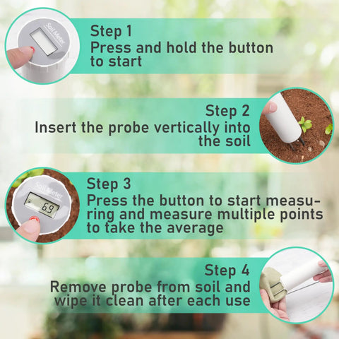 Steps to use Industrial Grade Soil PH Meter With No Fuss Calibration Free LCD Display Ultra Accurate Digital PH Tester.