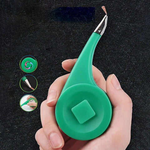 Hand holding a High Speed Heat Conducting Soldering Wick with a green handle for PCB repair, safe anti-scald feature.