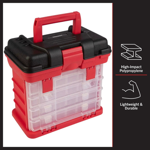 Grab And Go Portable Tool Box With Four Removable Drawers And Customizable Compartments Perfect For Hardware, Fishing Tackle, Beads, Or Crafts, Lightweight, Compact Red Organizer For Home, Garage, And On The Go