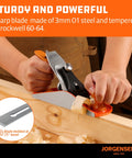 Front view of Jorgensen No.4 10-inch wood plane with ductile iron body and orange handle, adjustable cutting depth