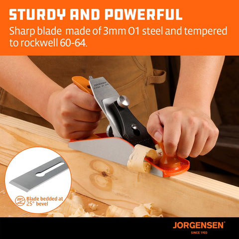 Front view of Jorgensen No.4 10-inch wood plane with ductile iron body and orange handle, adjustable cutting depth
