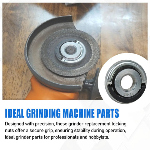 Rock Solid Heavy Duty Quick Release Lock Nuts 5/8-11 Thread Fits Angle Grinders With 1 75 Inch Flange Premium Steel Double Pack shown on grinder.