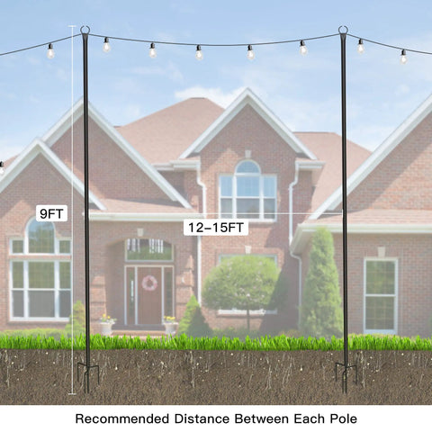 Outdoor String Light Poles 9 Ft Two Function Poles With Fork Bases And Fence Brackets 2 Pack Setup in Backyard
