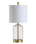 Brass Gold And Clear Glass Table Lamp With White Linen Drum Shade, Glam Transitional Bedside Light For Living Room Or Nightstand, LED Bulb Included, ETL Listed, Safe, Stylish Vibe For Any Space.