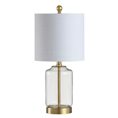 Brass Gold And Clear Glass Table Lamp With White Linen Drum Shade, Glam Transitional Bedside Light For Living Room Or Nightstand, LED Bulb Included, ETL Listed, Safe, Stylish Vibe For Any Space.