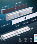 Image of a 2 Pack LED Motion Sensor Light Bars 10 Inch White Easy Magnetic Install No Wiring 3 Color Modes White Warm Natural Energy Saving Lighting For Dark Closets Hallways Cabinets, showing aluminum alloy material, magnetic strip, USB port, and LED light board.