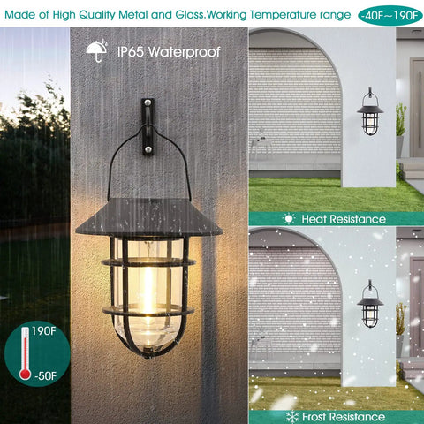 Solar Outdoor Lights Hanging Lanterns Two Pack Waterproof Easy Install With Wall Mount Kit illuminating in various weather conditions.