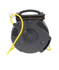 Heavy Duty Retractable Extension Cord Reel With Triple Tap Outlet Seventy Five Foot Site Ready Power Hub showing front view with yellow cord and black housing