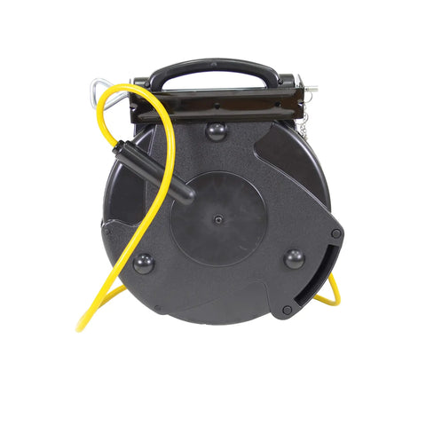 Heavy Duty Retractable Extension Cord Reel With Triple Tap Outlet Seventy Five Foot Site Ready Power Hub showing front view with yellow cord and black housing