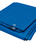 Blue 10 X 20 Ft Waterproof Tarp Cover With 4 Mil Thick Poly Material, folded with visible grommet and reinforced edge