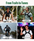 Collage of hiking, trekking, cycling, and music festivals with Hydration Pack With 2L Water Bladder, Lightweight 600D Running Backpack