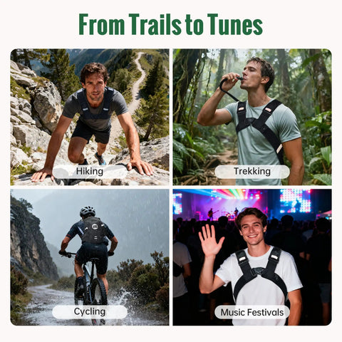 Collage of hiking, trekking, cycling, and music festivals with Hydration Pack With 2L Water Bladder, Lightweight 600D Running Backpack