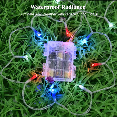 Red White and Blue Battery Operated Outdoor Lights With Timer About Ten Feet Long 30 LED Waterproof For Fourth Of July Independence Day Decorations Garland Patio Or Garden Party Decor Easy Setup shown coiled in grass.