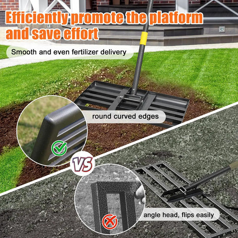 Beastly 60 Inch Adjustable Lawn Leveling Rake With Heavy Duty Flat Head And 1 Inch Diameter Stainless Steel Handle in use on grass