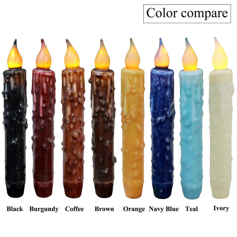 Color comparison of real wax hand dipped LED taper candles in various shades, including burgundy, showcasing flameless rustic decor.