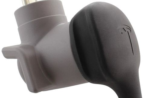 Close-up of Road Trip Ready EV Charging Adapter for Tesla Model 3 or Model Y with TT 30P RV plug and nickel plated terminals.