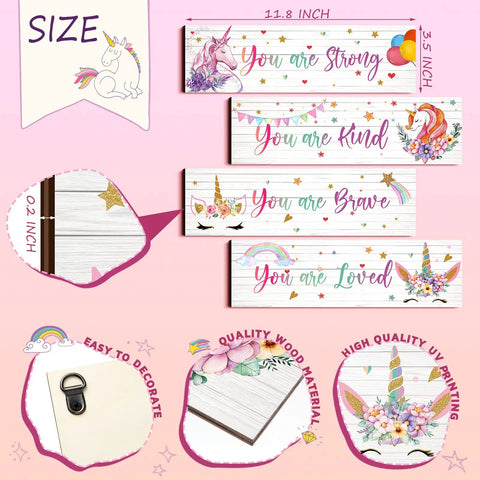 Unicorn Wall Decor Set For Girls Room Rainbow Wall Art Four Piece Bundle with motivational quotes and quality wood details