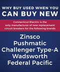 Image highlighting circuit breaker brands including Zinsco and Pushmatic for P115 Replacement 1 Pole 15 Amp Circuit Breaker