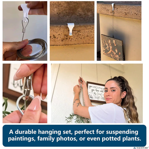 Demonstration of Picture Rail Hanging Kit with Six White Rail Hooks and a 72 Inch Invisible Cord in use for art displays.